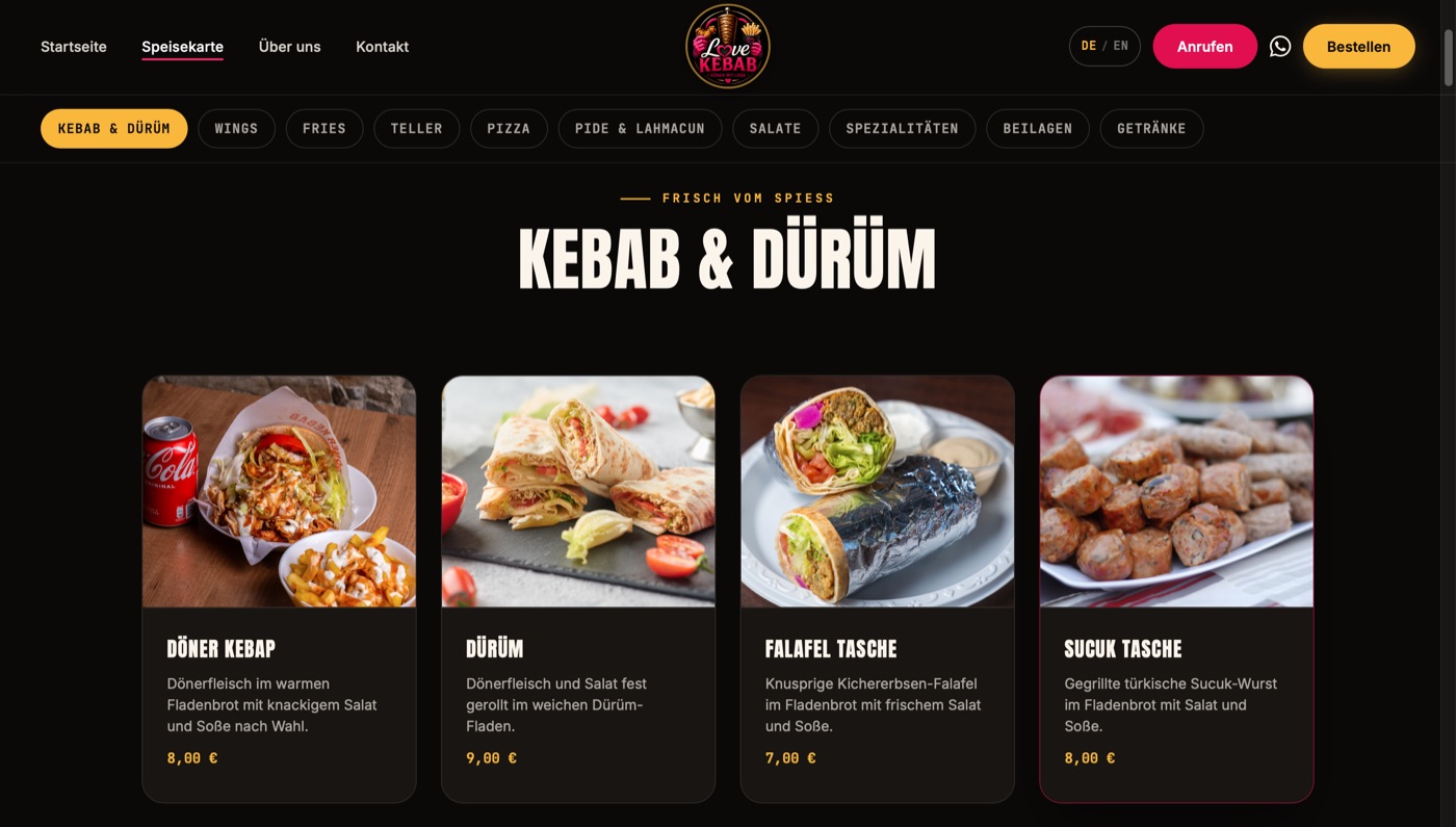 Screenshot der Speisekarte von Love Kebab